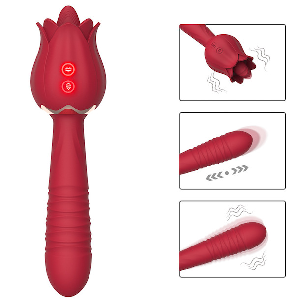 Bảng giá Dương vật giả 2 đầu rung thụt kèm lưỡi liếm hình bông hoa hồng chày rung massage giá tốt Bảng giá Dương vật giả 2 đầu rung thụt kèm lưỡi liếm hình bông hoa hồng chày rung massage giá tốt